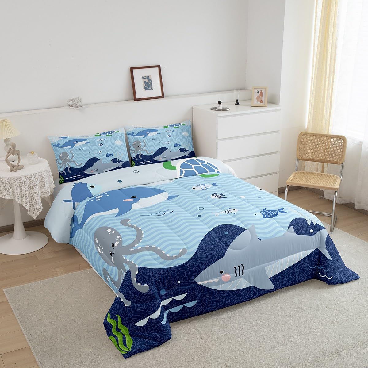 Homewish Shark and Whale Comforter Set,Cartoon Sea Animal Bedding Set for Kids Girls Women,Adults Octopus Turtle Comforter,Underwater World Quilted Duvet Set Bedroom Collection Twin Size 2Pcs