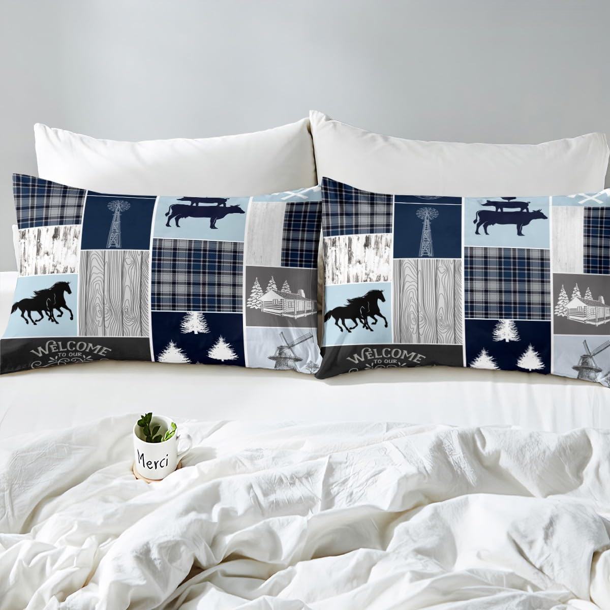 Erosebridal Farmhouse Horse Quilt, Rustic Windmill Comforter Set King Lodge Cabin Patchwork Bedding Set for Kids Teens Adult, Farm Animal Cowboys Horseshoe Down Comforter, 2 Pillow Cases, Grey Blue