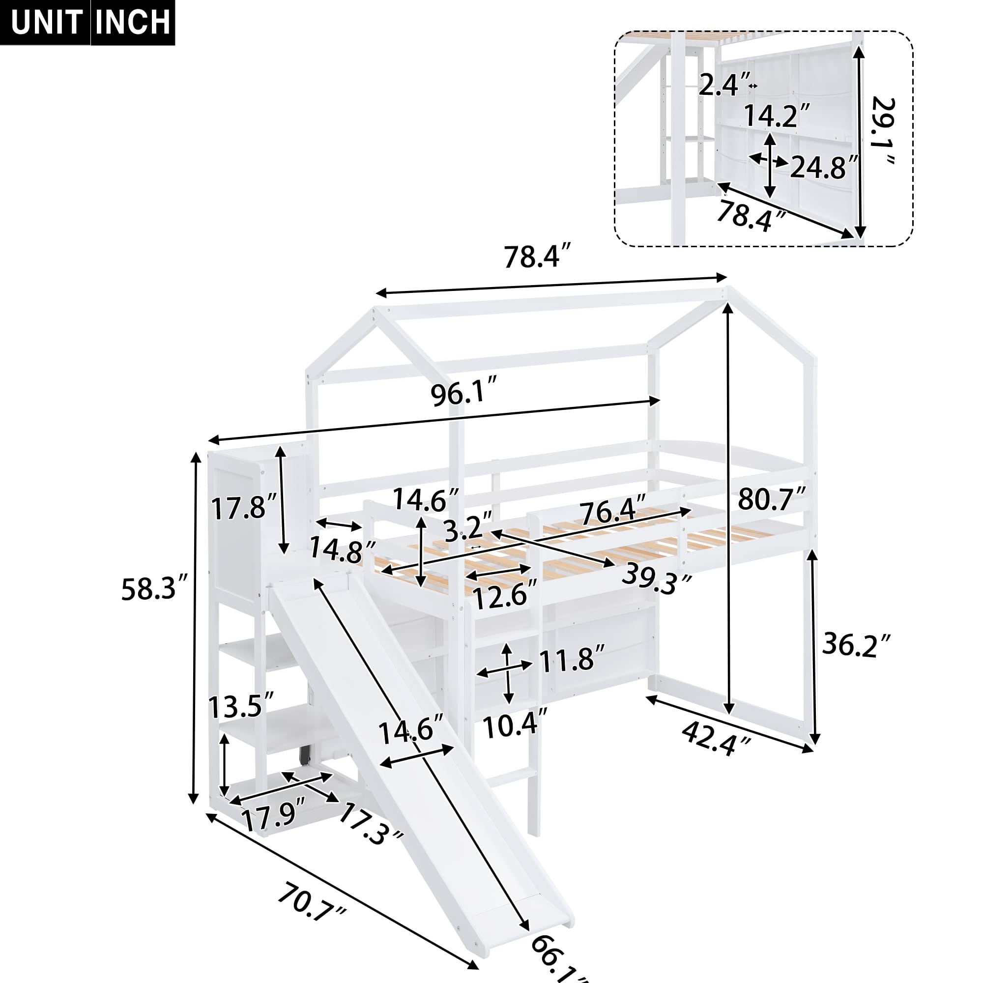 Favfurish Twin Size House Loft Bed with Slide, Storage Shelves and Light, Wood Kids Bed Frame with Guardrail and Ladder,Climbing Ramp,for Teens Boys Girls Bedroom, White