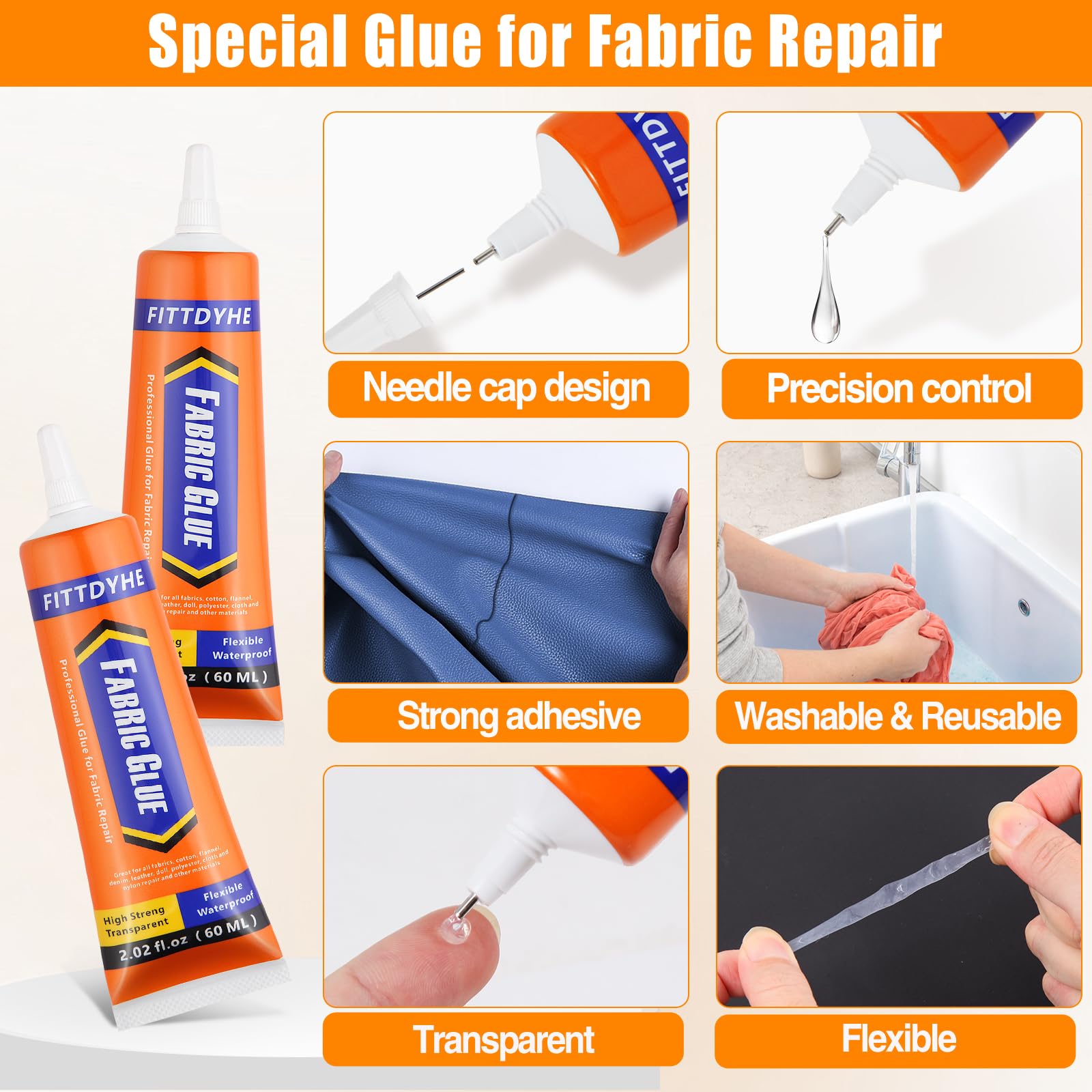 FITTDYHE Fabric Glue Permanent, 60 ML Washable Clear Clothing Glue, Super Fabric Glue for Rhinestones, Patches, Clothes, Denim, Leather, Polyester, Fabrics, Doll Repair, Flannel, Cotton