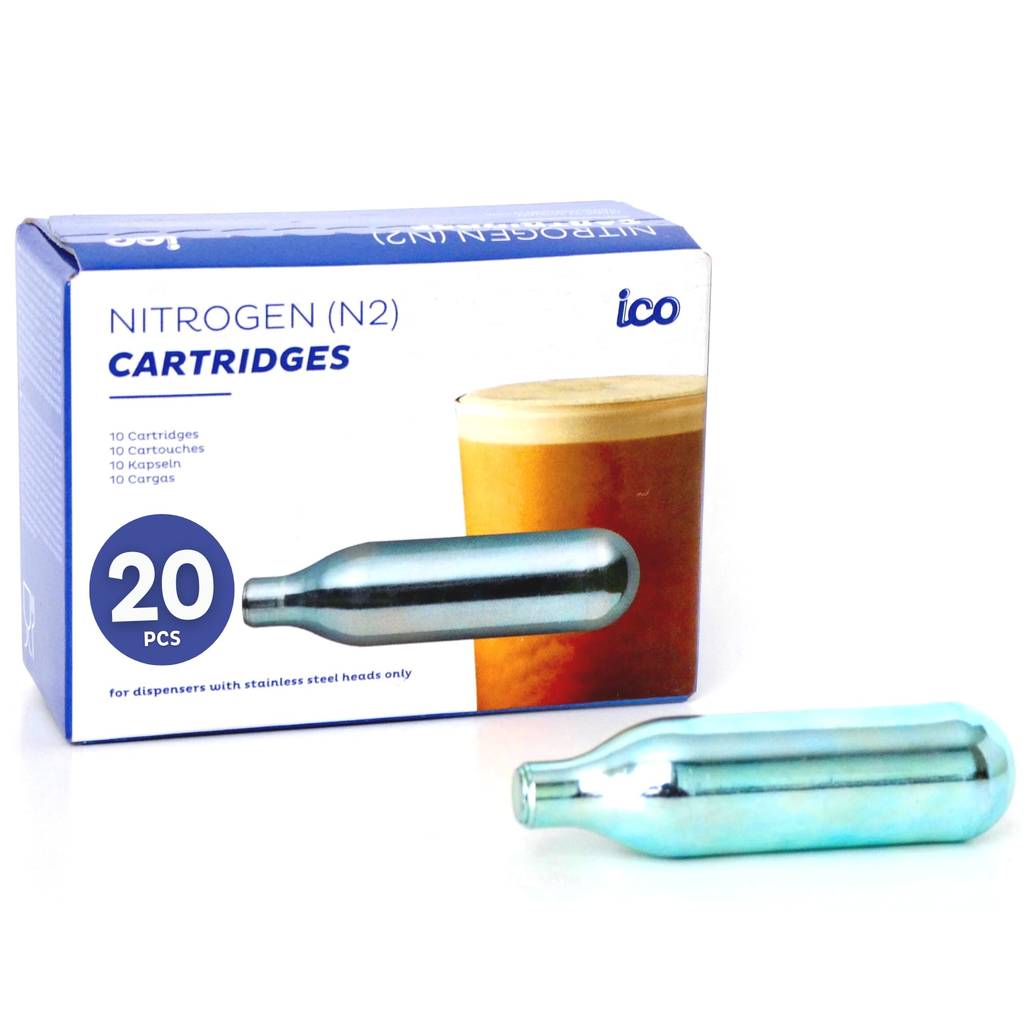 ICO 20pcs N2 Cartridges or Nitrogen Cartridges for Nitro Cold Brew Coffee Maker Non-threaded Nitro Cartridge, 2g of Nitrogen Gas