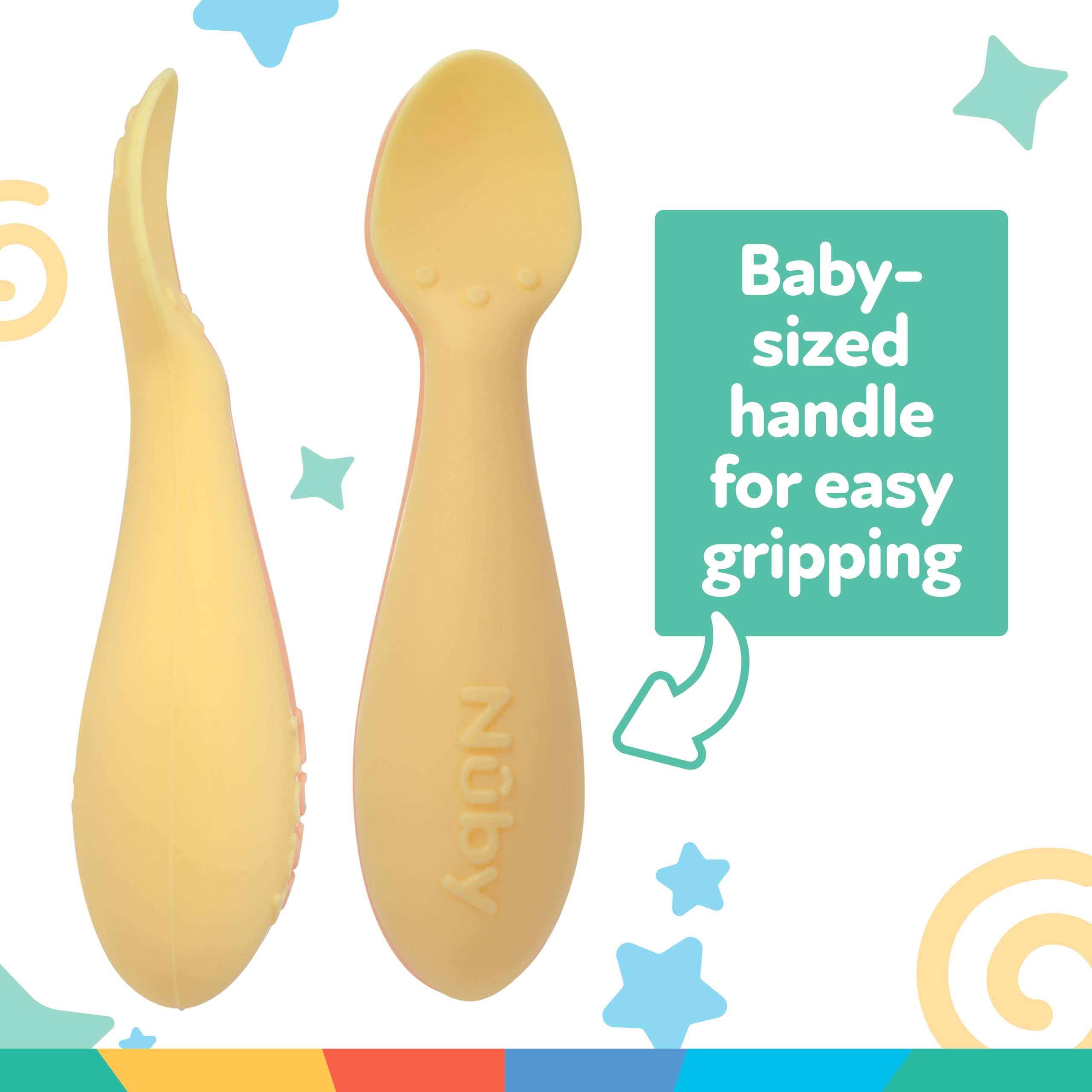 Nuby Silicone Mini Spoons - (2-Pack) Baby-Led Weaning Spoons for Babies - 4+ Months - Yellow