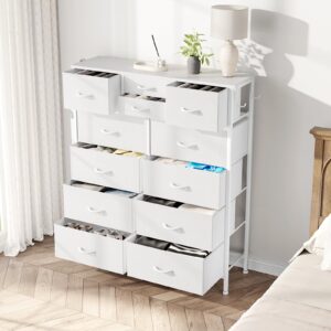 YaFiti 12 Drawer Dresser, Chest of Drawers for Bedroom, PU Dresser Drawers with Side Pockets, Hooks, Wooden Top and Sturdy Metal Frame for Living Room, Closet, Hallway (White)