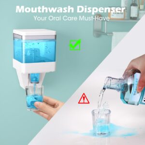 600ml/20oz Mouthwash Dispenser for Bathroom - RealPlus Wall-Mounted Mouthwash Container with 2 Reusable Acrylic Cups - Easy to Install, Adhesive or Screw Option