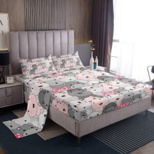 hippo sheet set full size cartoon animal sheets with deep pocket fitted sheet for kids teens adults hippopotamus bed sheets set kawaii cute bedding set room decorations 4pcs with 2 pillow cases