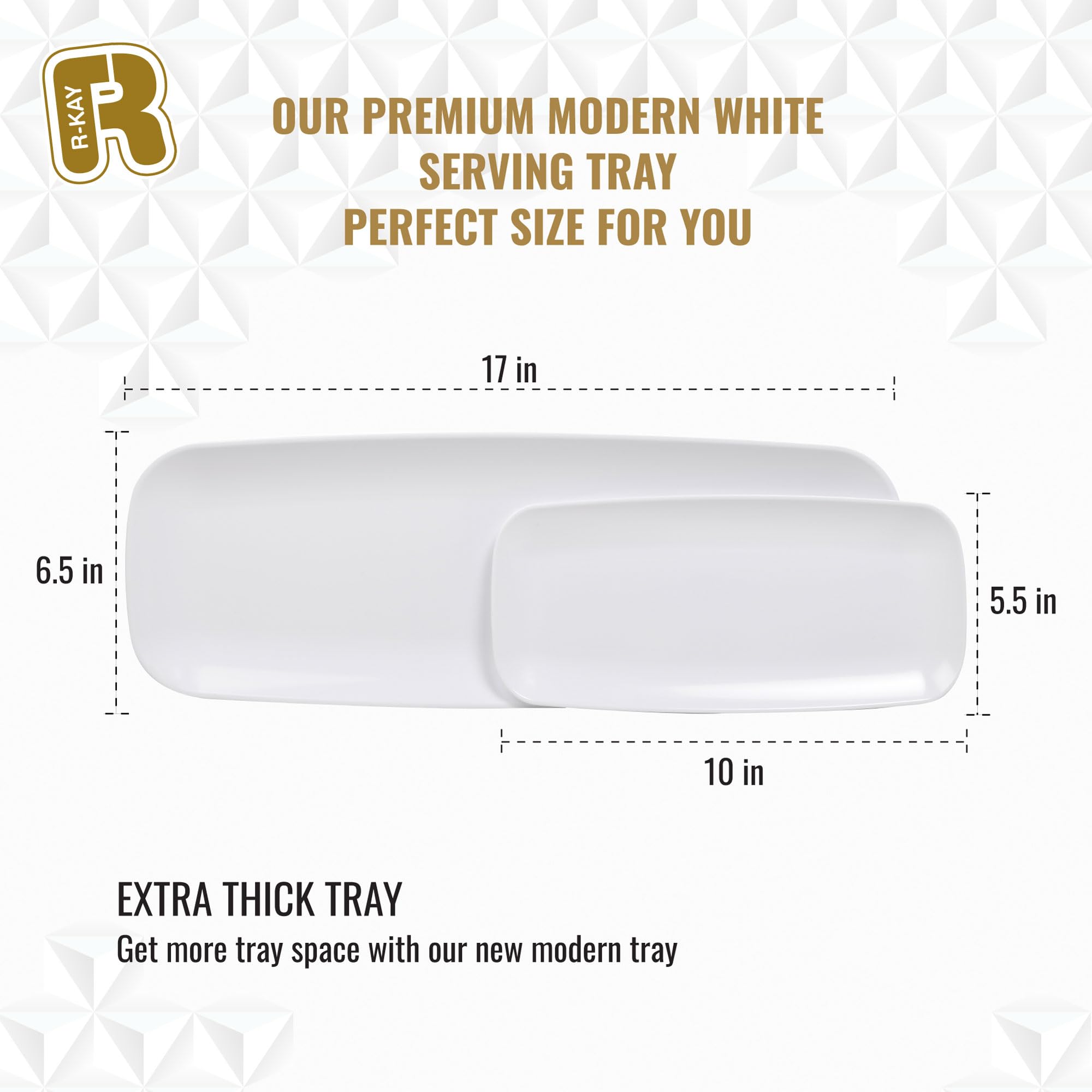 R-kay 4 Pack Plastic Serving Trays for Party - White Serving Tray 17 by 6.5 in - Heavy Duty Dessert Trays for Food - Rectangular Party Serving Trays - Premium Party Trays - White Platters