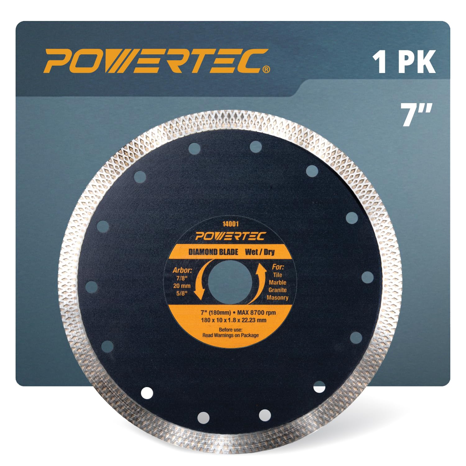 POWERTEC 7 Inch Super Thin Diamond Saw Blades for Tile Saw, Turbo Mesh Rim Tile Blade for Porcelain and Ceramic Tile Wet/Dry Cutting, 7" Diamond Blade for Wet Tile Saw, 1 PK (14001V)