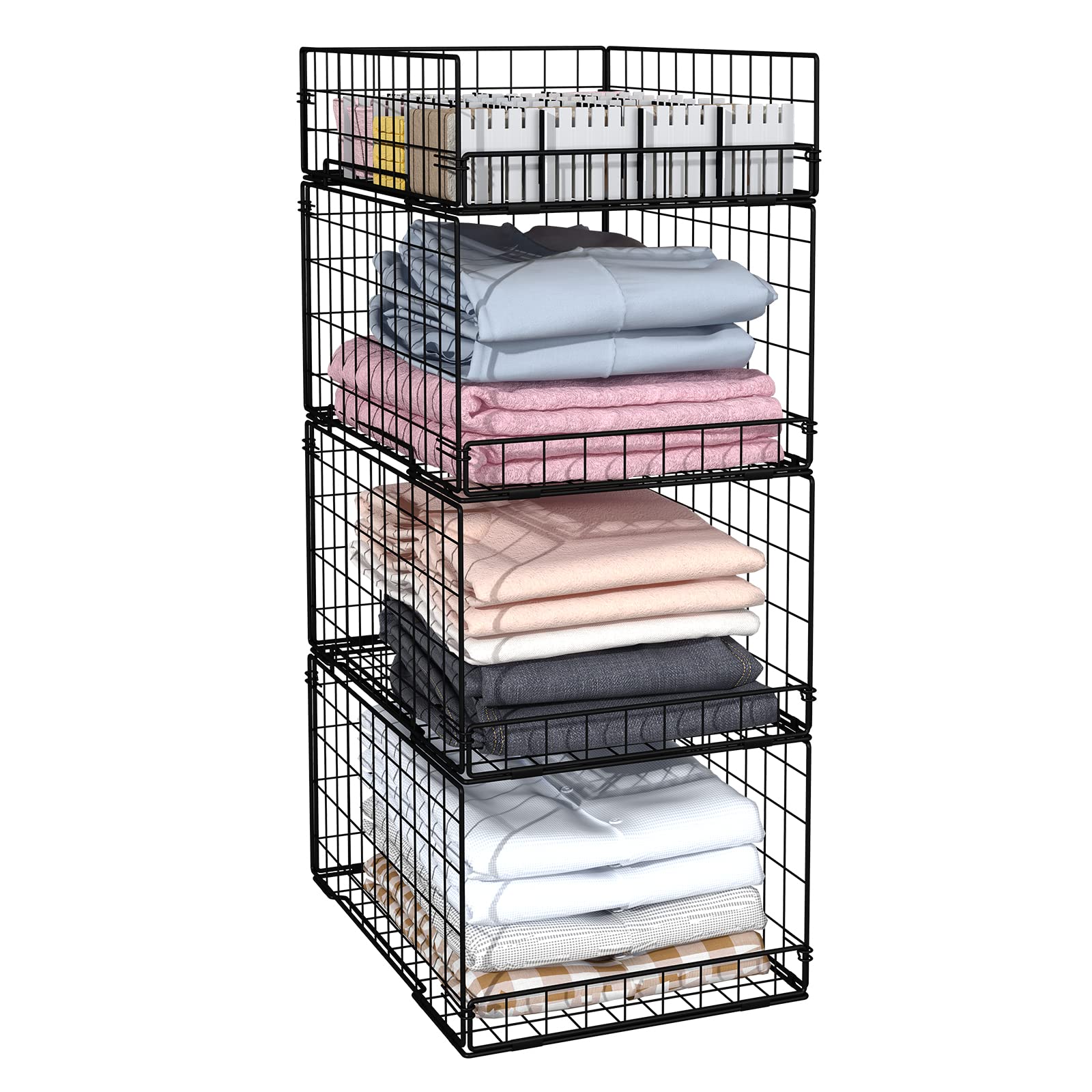 4 Pack Closet Organizers and Storage Shelves for Clothes, 4 Tier Stackable Closet Storage Basket Bin Container for Clothing Sweater Jean, Narrow, Foldable, Sturdy Metal Closet System Organizer Shelf