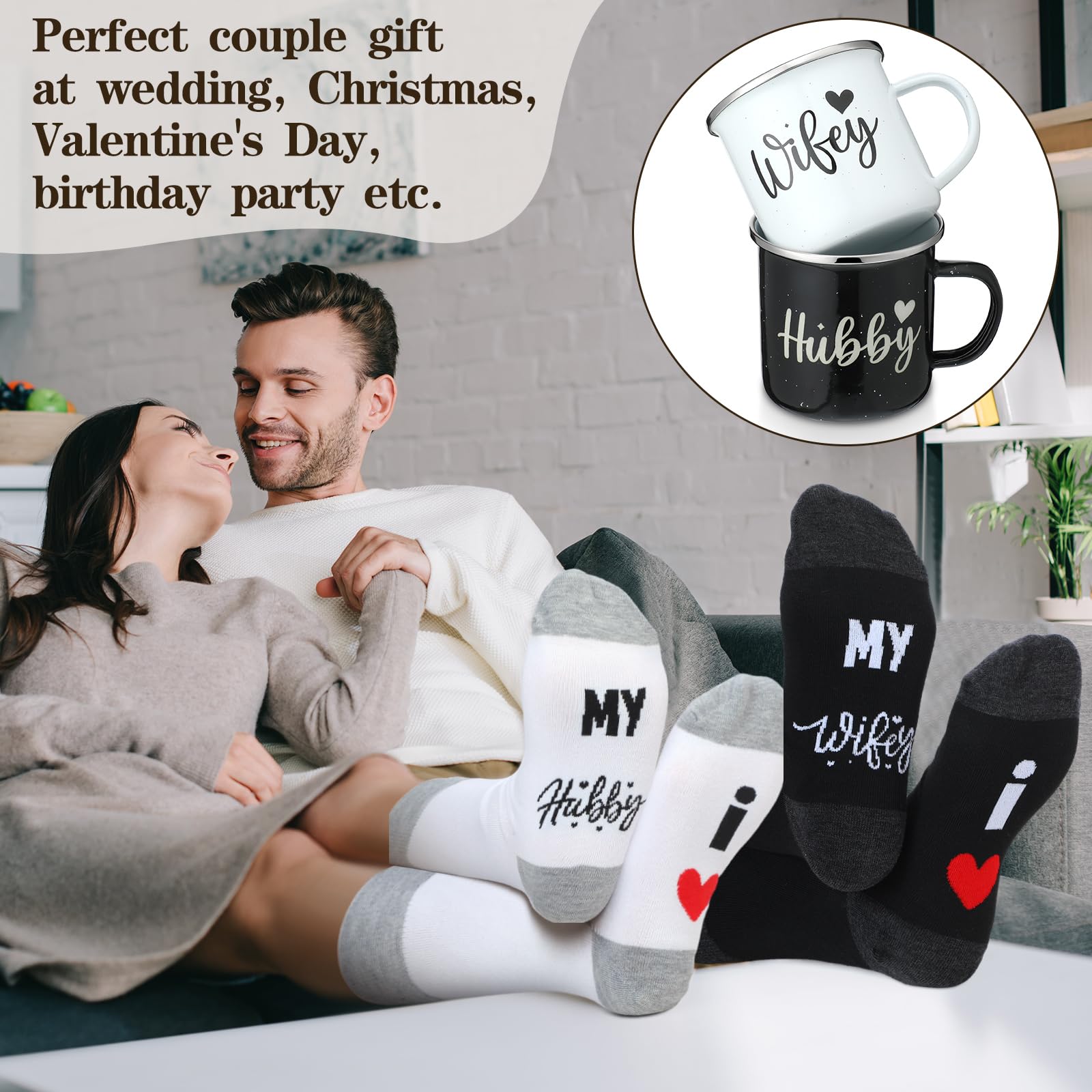 Domensi 4 Pack Hubby and Wifey Gifts Wifey and Hubby Enamel Couples Coffee Mugs Couples Socks for Bride Engagement Groom Wedding Gifts