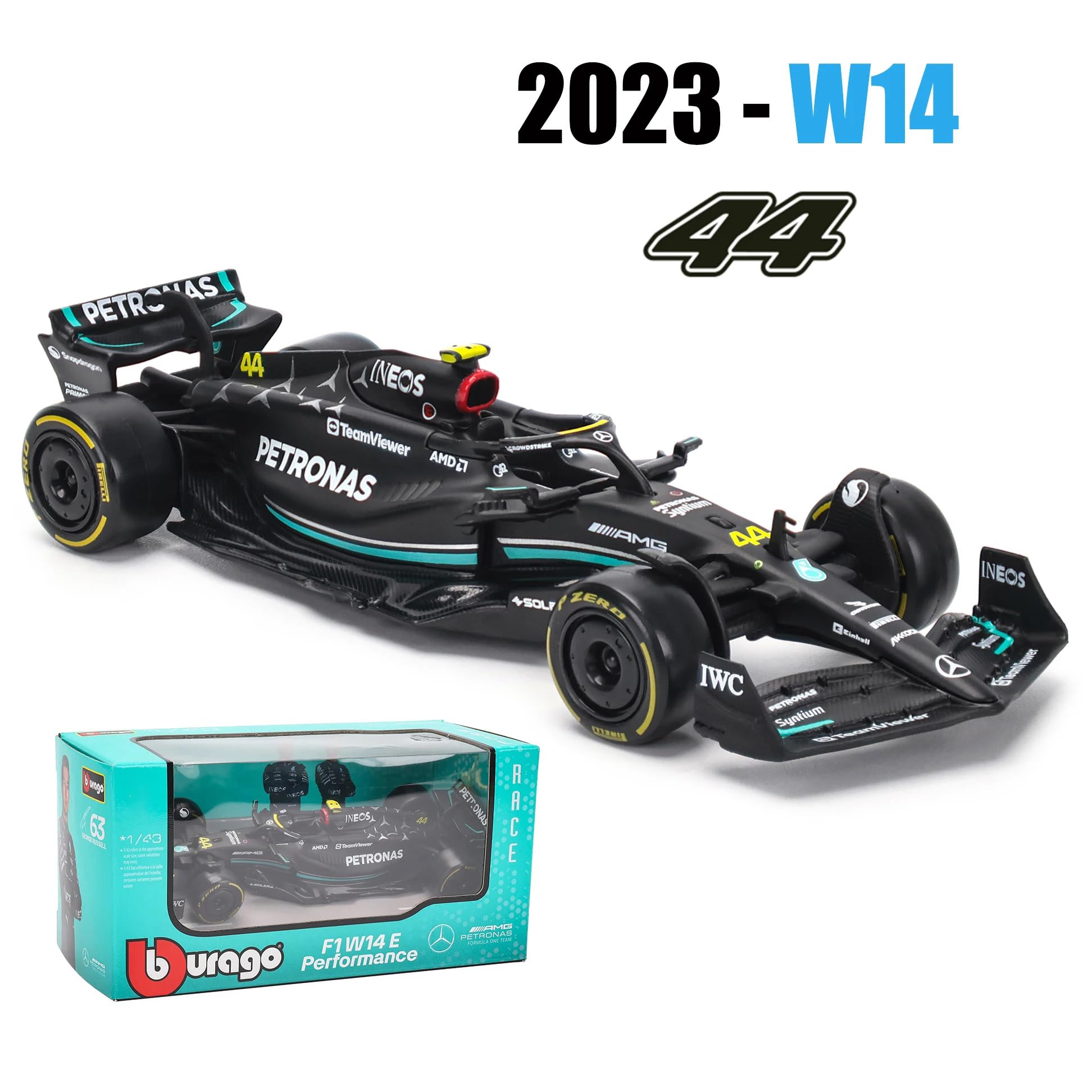 JODIYAAH 1/43 Bburago 1:43 Mercedes-AMG Petronas F1 Team W14 2023 44# Lewis Hamilton F1 63# George Russell Alloy Car Die Cast Model Collection Gift (W14 44#)