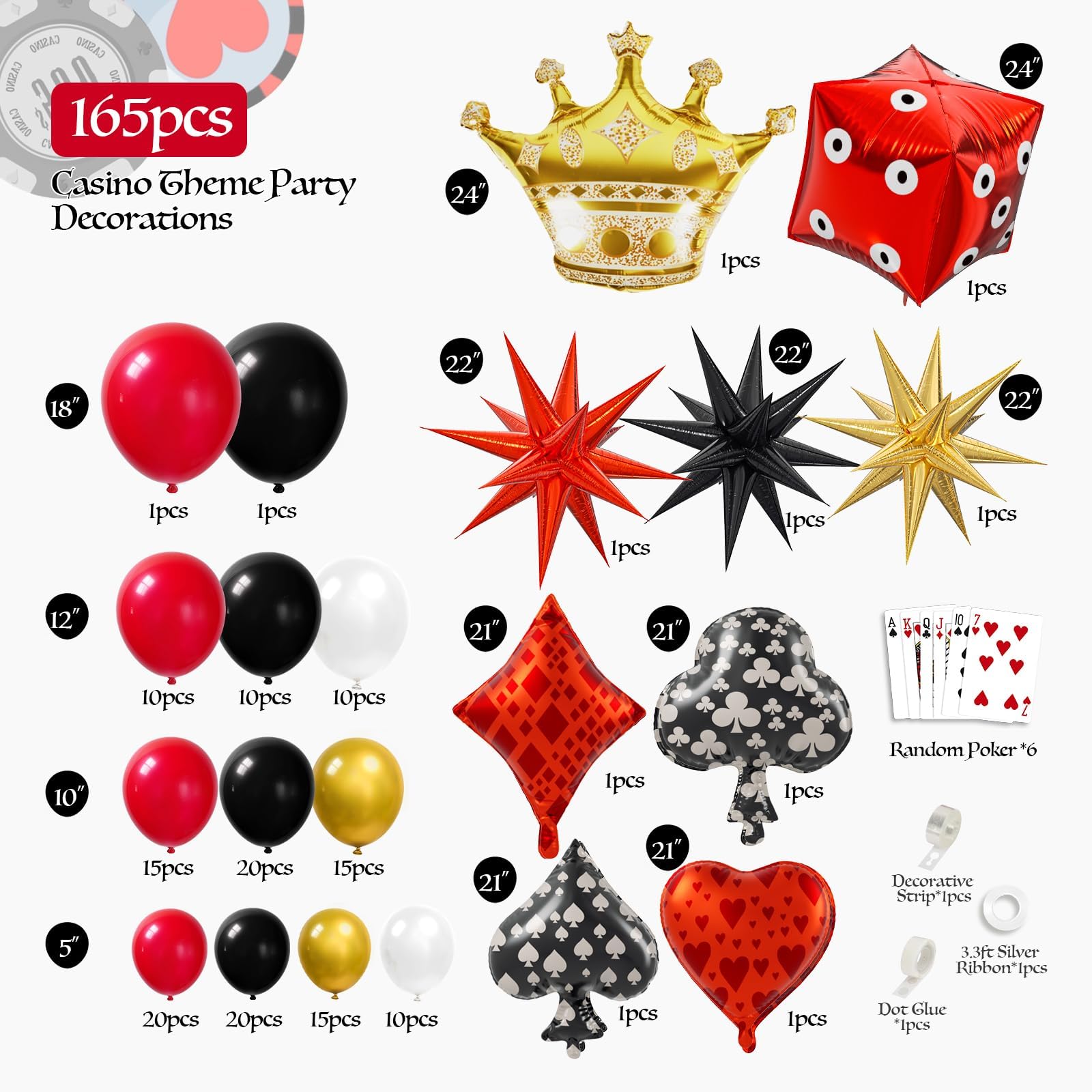 165pcs Casino Balloon Arch Garland Kit, Red Black Gold Balloons with Star Crown Dice Poker Foil Balloons for Birthday Casino Night Las Vegas Casino Theme Party Decorations