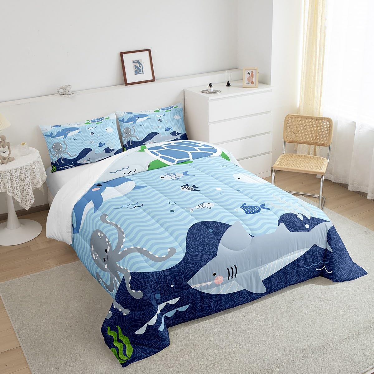 Homewish Shark and Whale Comforter Set,Cartoon Sea Animal Bedding Set for Kids Girls Women,Adults Octopus Turtle Comforter,Underwater World Quilted Duvet Set Bedroom Collection Twin Size 2Pcs