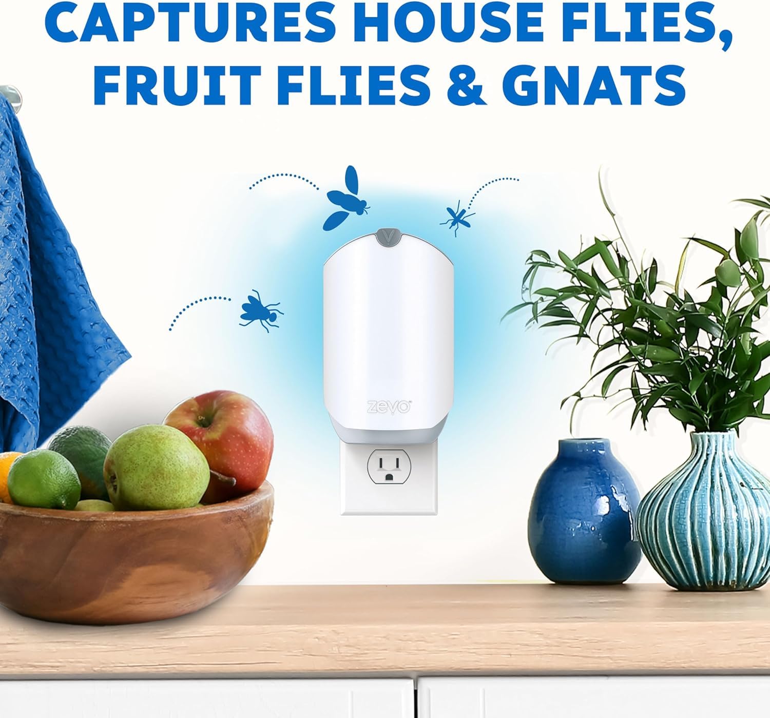 2-Packs Zevo Home Indoor Plug-in Fly Trap for Flies, Fruit Flies, Moths, Gnats, and Other Flying Insects – 2 Plug-in Bases + 2 Refill Cartridges and 3 Fruit Flys Traps in The tituaa Box