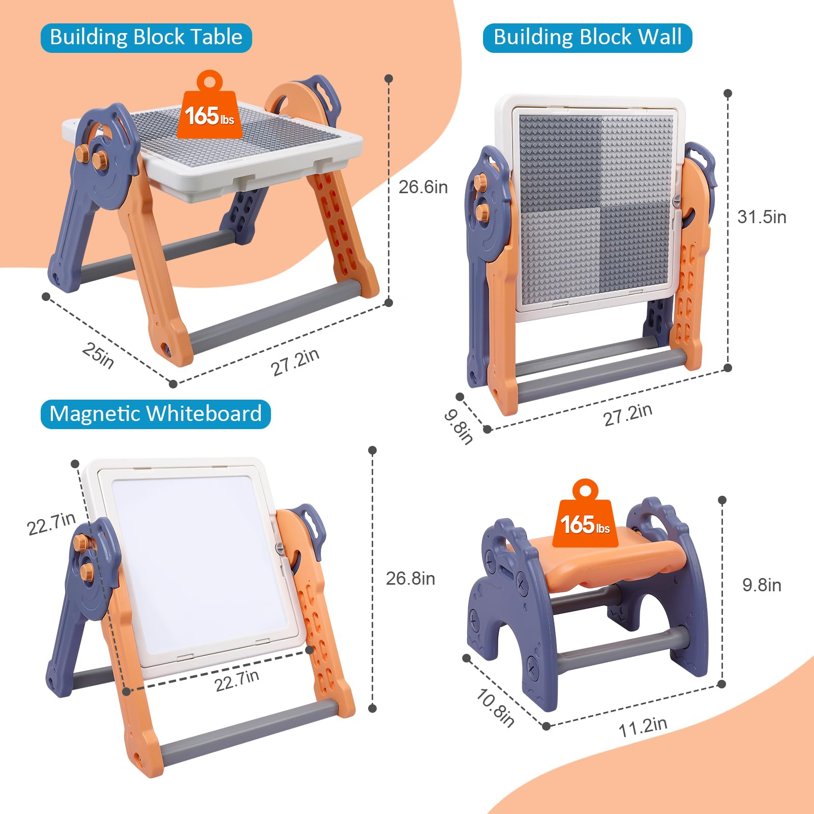 8-in-1 Kids Table and Chair Set, Foldable Kids Activity Table for Toddlers 3-5, Toddler Activity Table Building Block Table with Whiteboard, Water Table Sand Table Sensory Table for Boys Girls