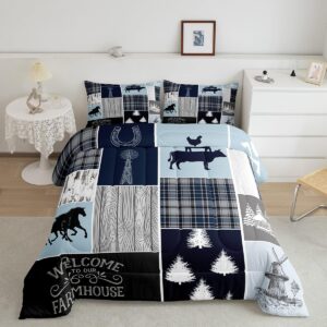 erosebridal farmhouse horse quilt, rustic windmill comforter set king lodge cabin patchwork bedding set for kids teens adult, farm animal cowboys horseshoe down comforter, 2 pillow cases, grey blue