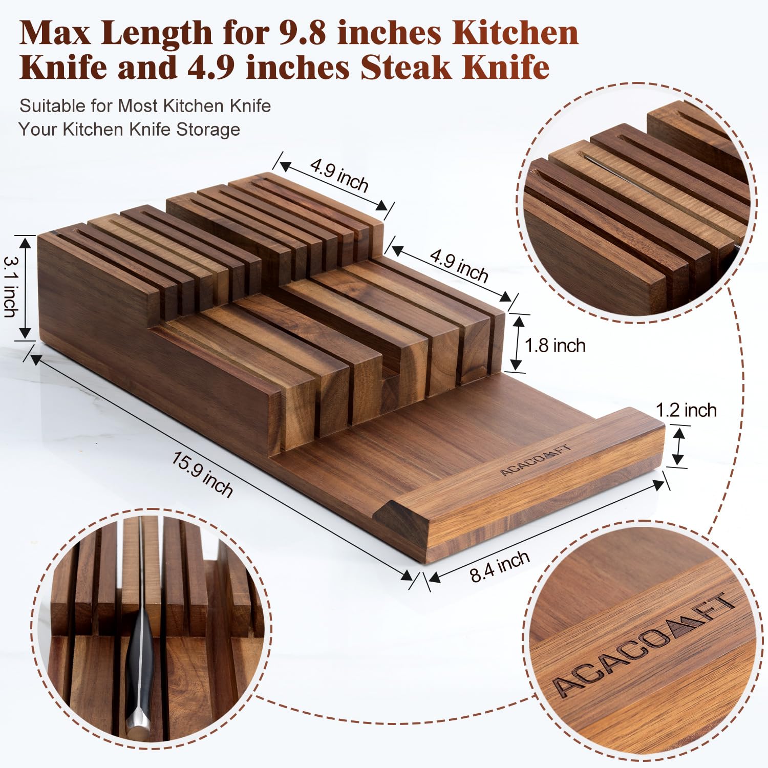 Acacomft In-Drawer Knife Block, Acacia Wood Kitchen Knife Drawer Organizer, Knife Holder without Knives For Up to 12 Knives Steak Knife Chef Knife