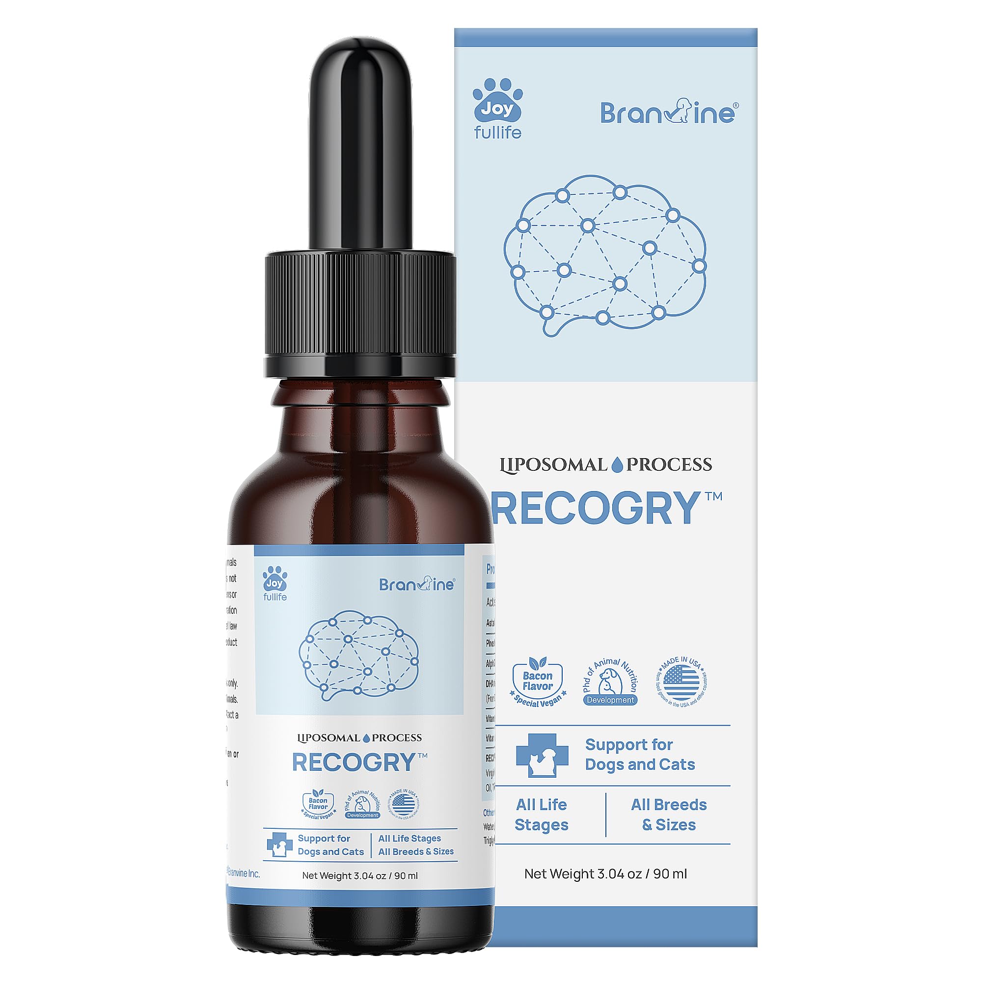 Branvine Recogry Liquid Cognitive Disorder and Brain Support for Dogs and Cats with Astaxanthin, Phosphatidylserine, Alpha GPC, DHA, Olive, Coconut, Sage, Turmeric, Ginger (90ml)