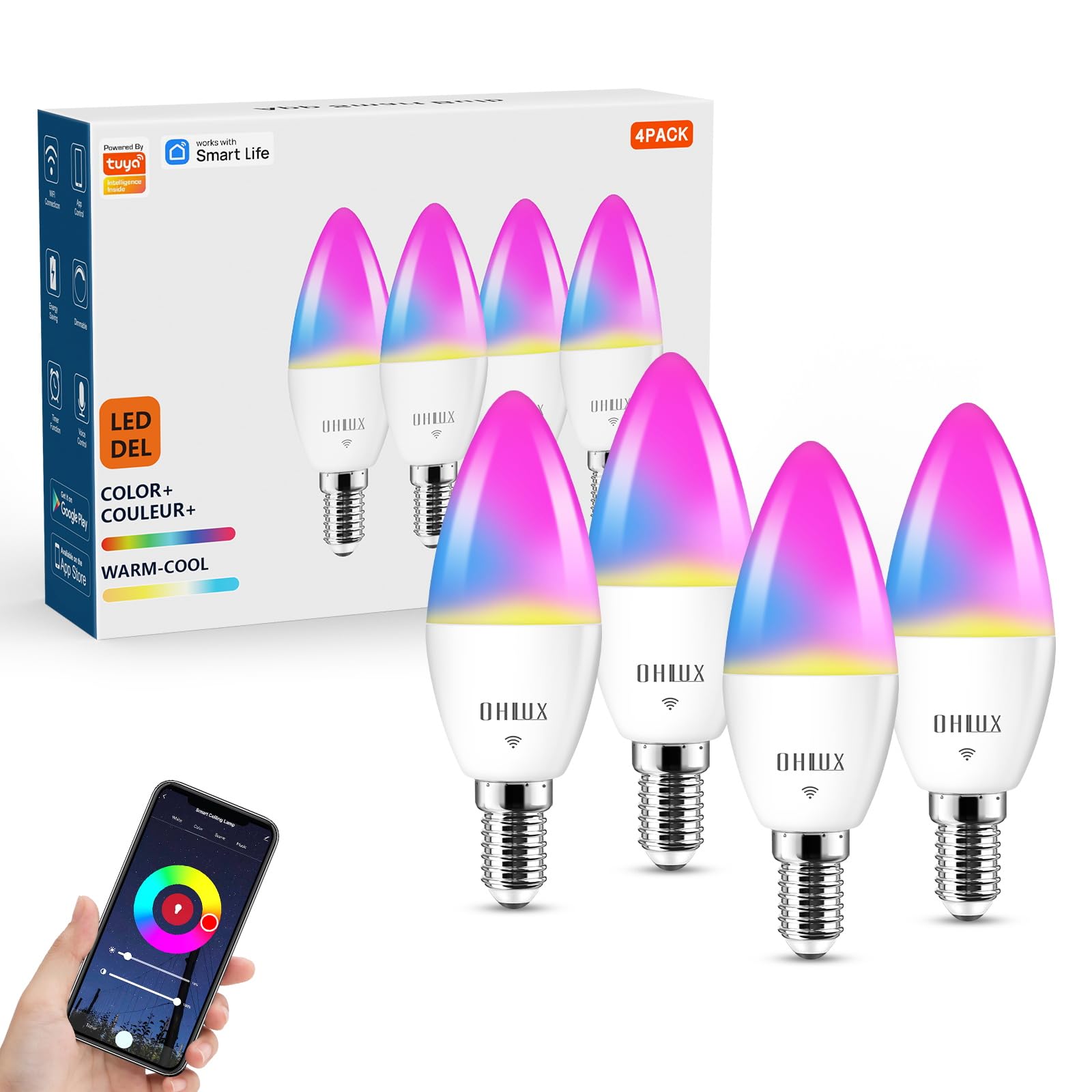 OHLUX Smart Candelabra Led Light Bulbs, 4W 40 Watt Equivalent E12 Base Led Bulb Compatible with Alexa/Google Assistant, Color Changing Light Bulb with 16 Million Colors, 2.4GHz WiFi Only, 4 Pack