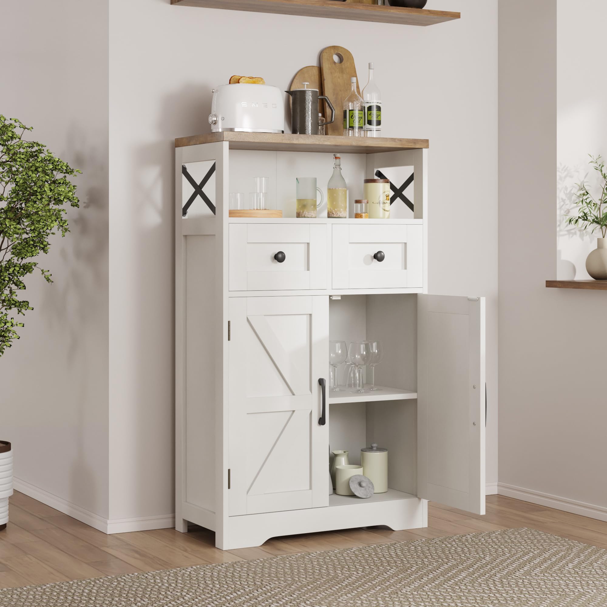 Befrases Farmhouse White Storage Cabinet with Doors and Drawers, Freestanding Kitchen Pantry Cabinet, Floor Storage Cabinet Hutch Cupboard for Kitchen/Laundry/Living Room/Bedroom