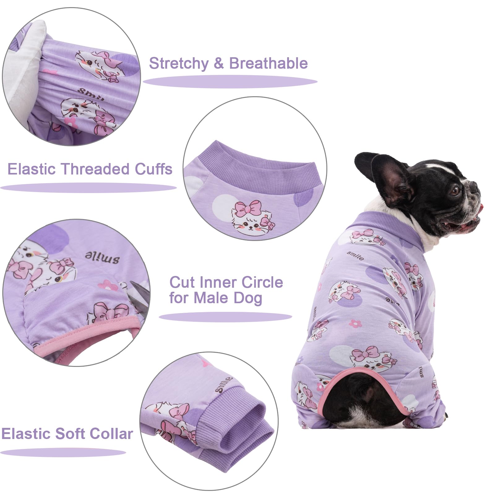 Qunaawa Dog Recovery Suit for Surgery Small Medium Dogs Onesie, Cute Soft Dog Pajamas Bodysuit Cone Alternative Prevent Licking Dog Recovery Suit Female Male (X-Large, Cat Purple)