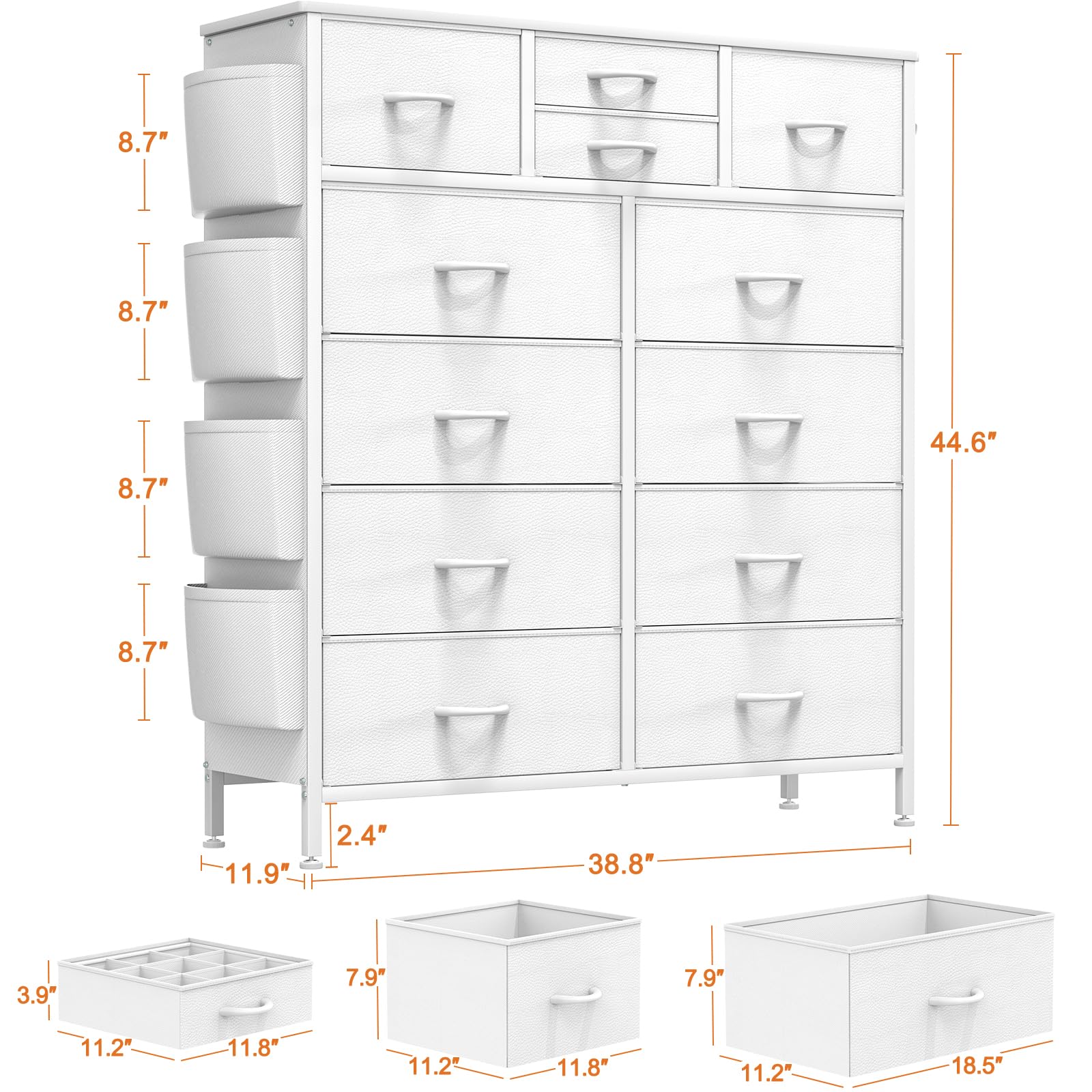 YaFiti 12 Drawer Dresser, Chest of Drawers for Bedroom, PU Dresser Drawers with Side Pockets, Hooks, Wooden Top and Sturdy Metal Frame for Living Room, Closet, Hallway (White)