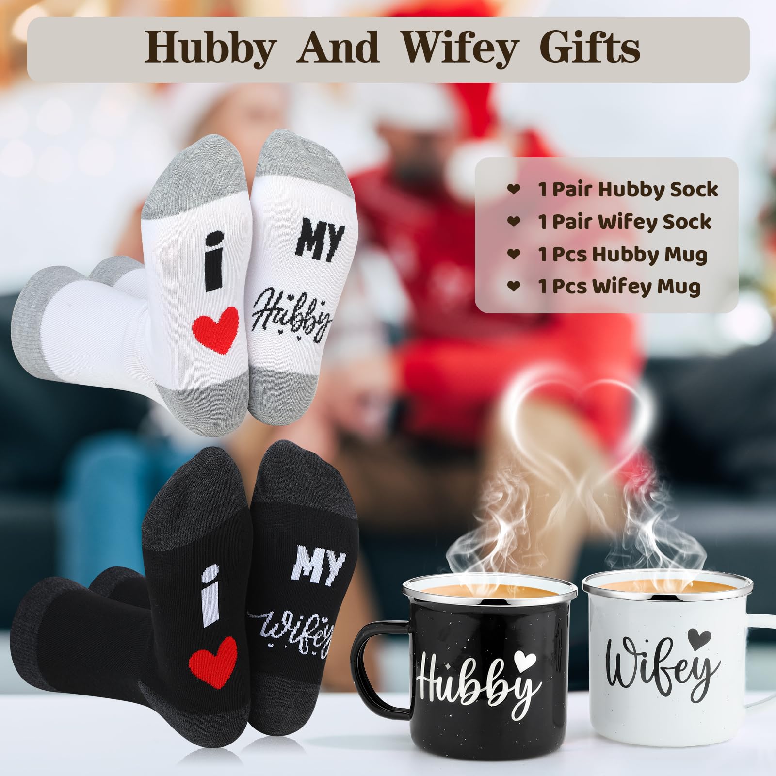 Domensi 4 Pack Hubby and Wifey Gifts Wifey and Hubby Enamel Couples Coffee Mugs Couples Socks for Bride Engagement Groom Wedding Gifts