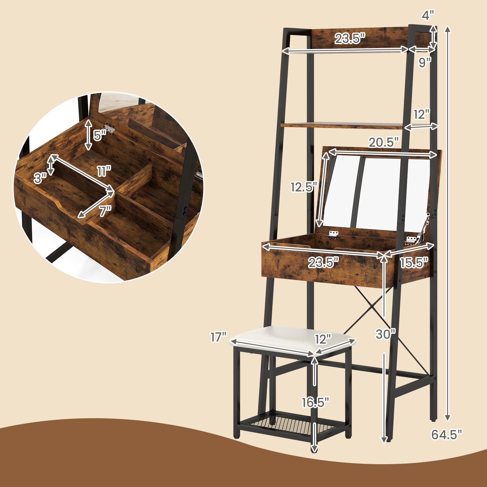 CHARMAID Ladder Vanity Desk Set - Makeup Vanity Table with Flip Top Mirror, Cushioned Stool, 4 Storage Compartments, Open Shelves, Girls Dressing Table for Small Space (Rustic Brown & Black)