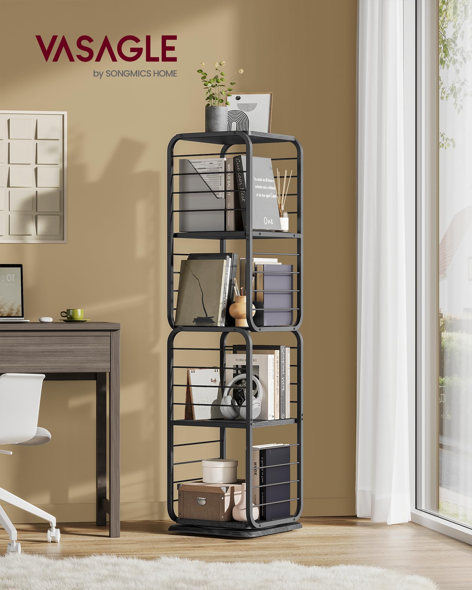 VASAGLE 4-Tier Rotating Bookshelf, Bookcase with Bookends for Small Spaces, Corner Shelf, Steel Frame, Ebony Black and Ink Black ULLS127B56