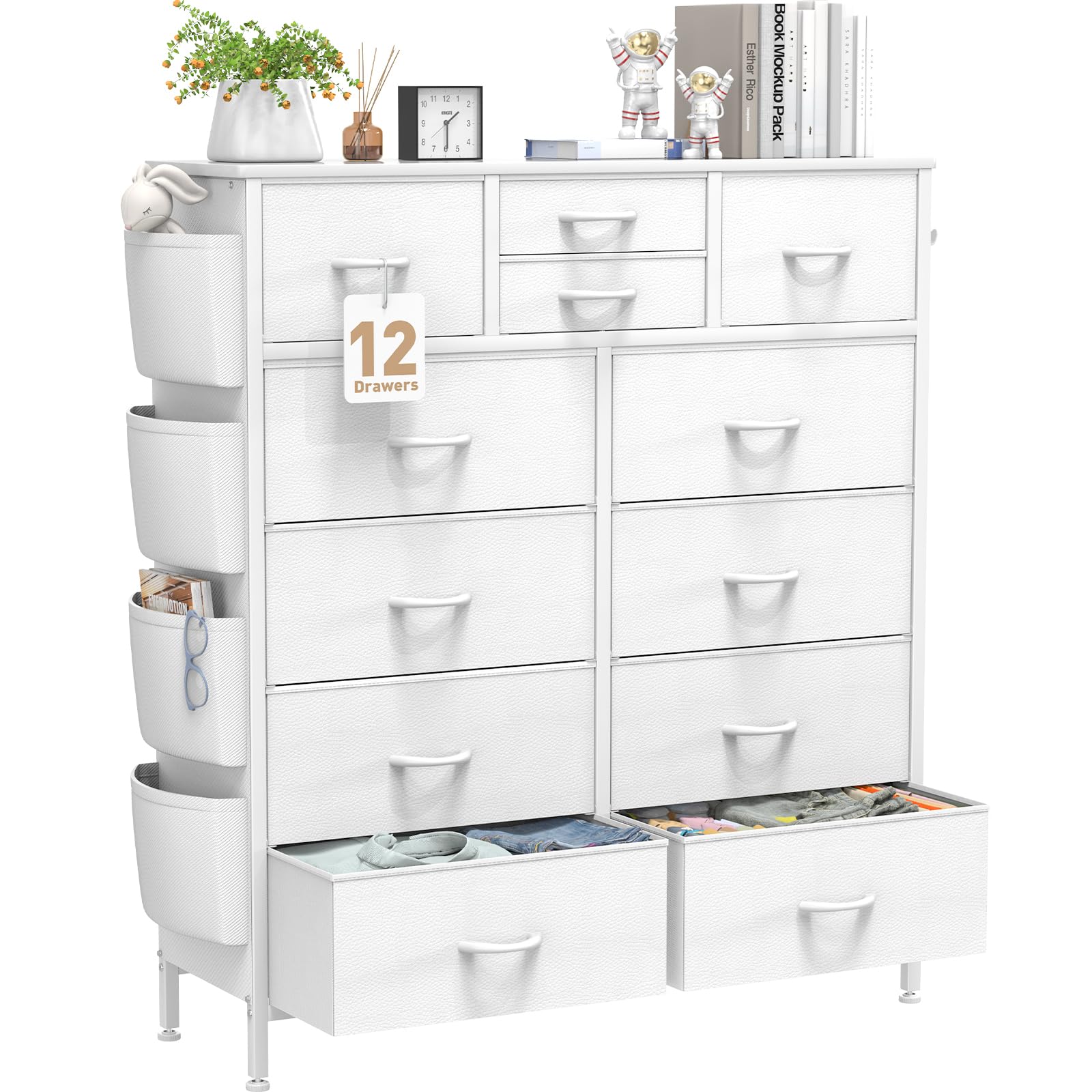 YaFiti 12 Drawer Dresser, Chest of Drawers for Bedroom, PU Dresser Drawers with Side Pockets, Hooks, Wooden Top and Sturdy Metal Frame for Living Room, Closet, Hallway (White)