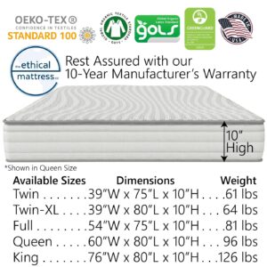 Ethical Mattress CO 10" Toxin-Free Hybrid Mattress, Made in USA with Organic Cotton, Wool, Latex & Pocketed Coils (Mattress-in-a-Box) Comfortable & Supportive for All Ages - King Size