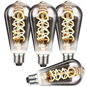 zhzhled st64 vintage led edison bulbs 60 watt equivalent, dimmable 3000k warm white smoky grey glass e26 base 6w led filament flexible spiral light bulbs, antique style, 4 pack