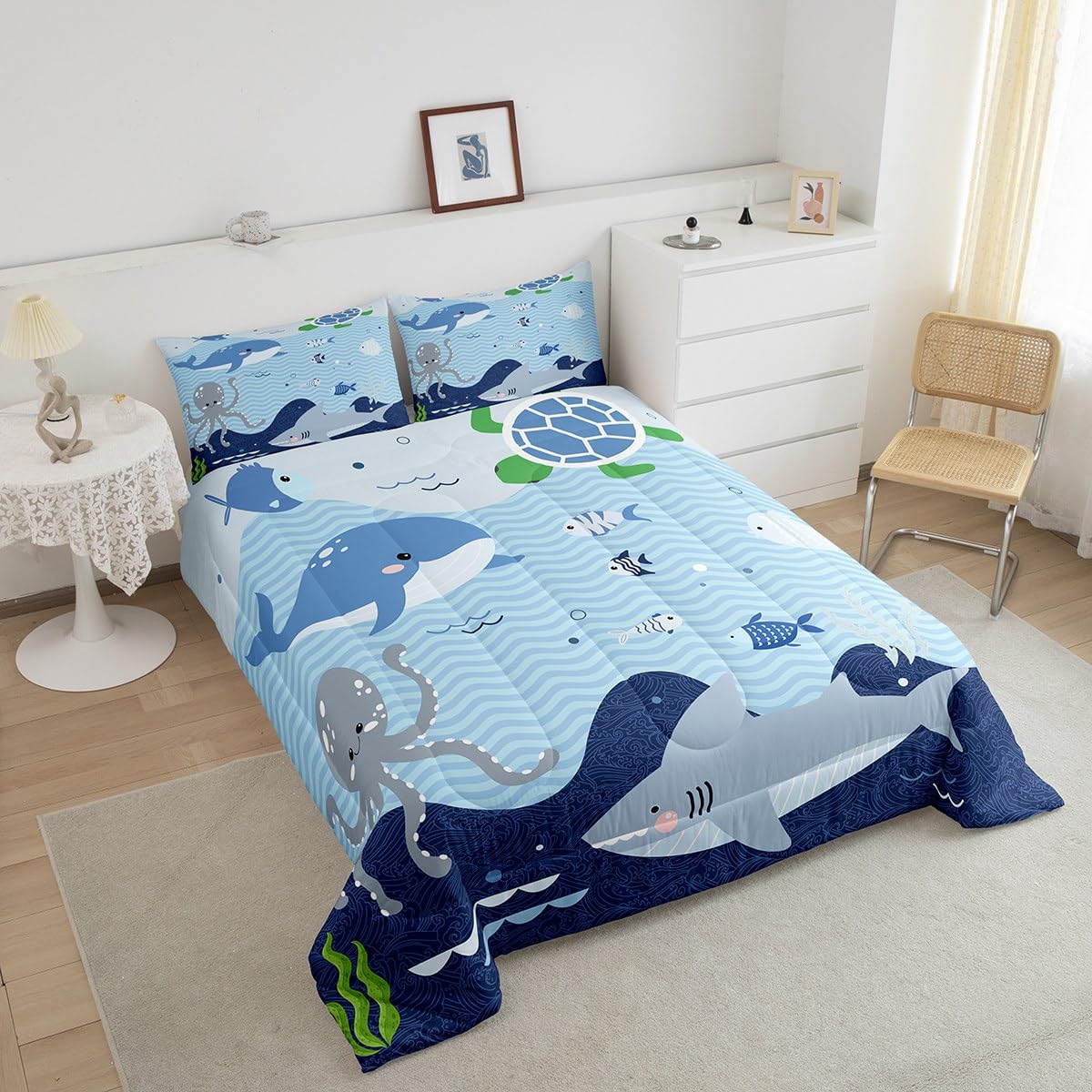 Homewish Shark and Whale Comforter Set,Cartoon Sea Animal Bedding Set for Kids Girls Women,Adults Octopus Turtle Comforter,Underwater World Quilted Duvet Set Bedroom Collection Twin Size 2Pcs