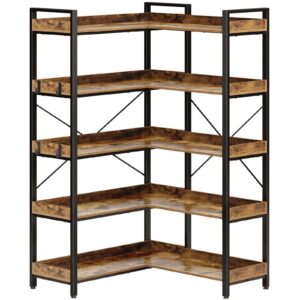 rolanstar bookshelf 5 tier with 4 hooks, reversible corner bookshelf, 65" industrial wooden bookcase with open shelves and metal frame for living room, bedroom, home office, rustic brown