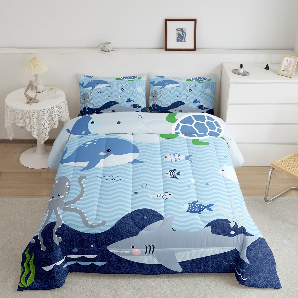 Homewish Shark and Whale Comforter Set,Cartoon Sea Animal Bedding Set for Kids Girls Women,Adults Octopus Turtle Comforter,Underwater World Quilted Duvet Set Bedroom Collection Twin Size 2Pcs