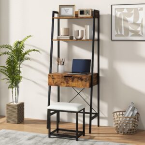 CHARMAID Ladder Vanity Desk Set - Makeup Vanity Table with Flip Top Mirror, Cushioned Stool, 4 Storage Compartments, Open Shelves, Girls Dressing Table for Small Space (Rustic Brown & Black)