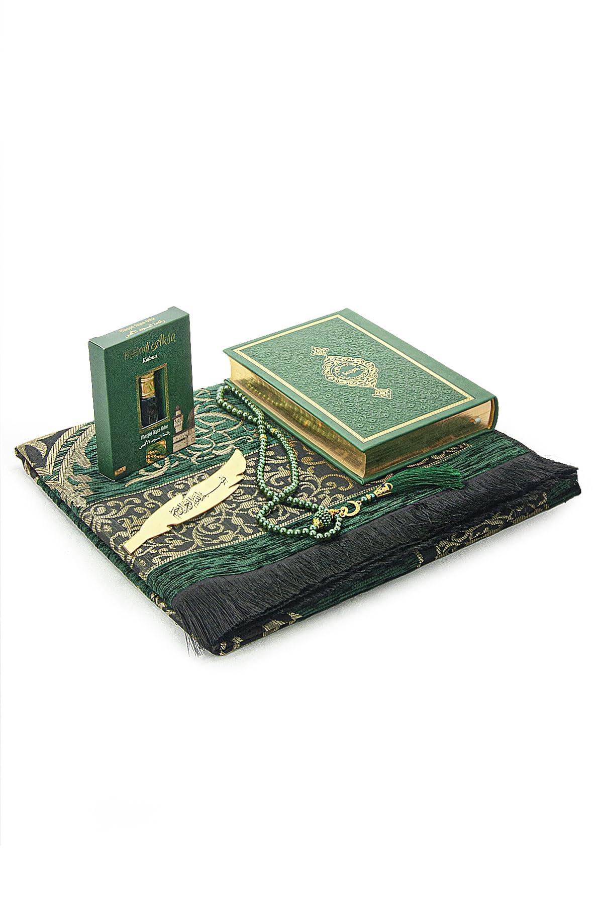 ihvan online Prayer Gift Set for Men & Women, Muslim Prayer Rug, Salah Mat, Beads Taasbih, Arabic Holy Quran, Islamic Gift Set for Ramadan & Eid, Green