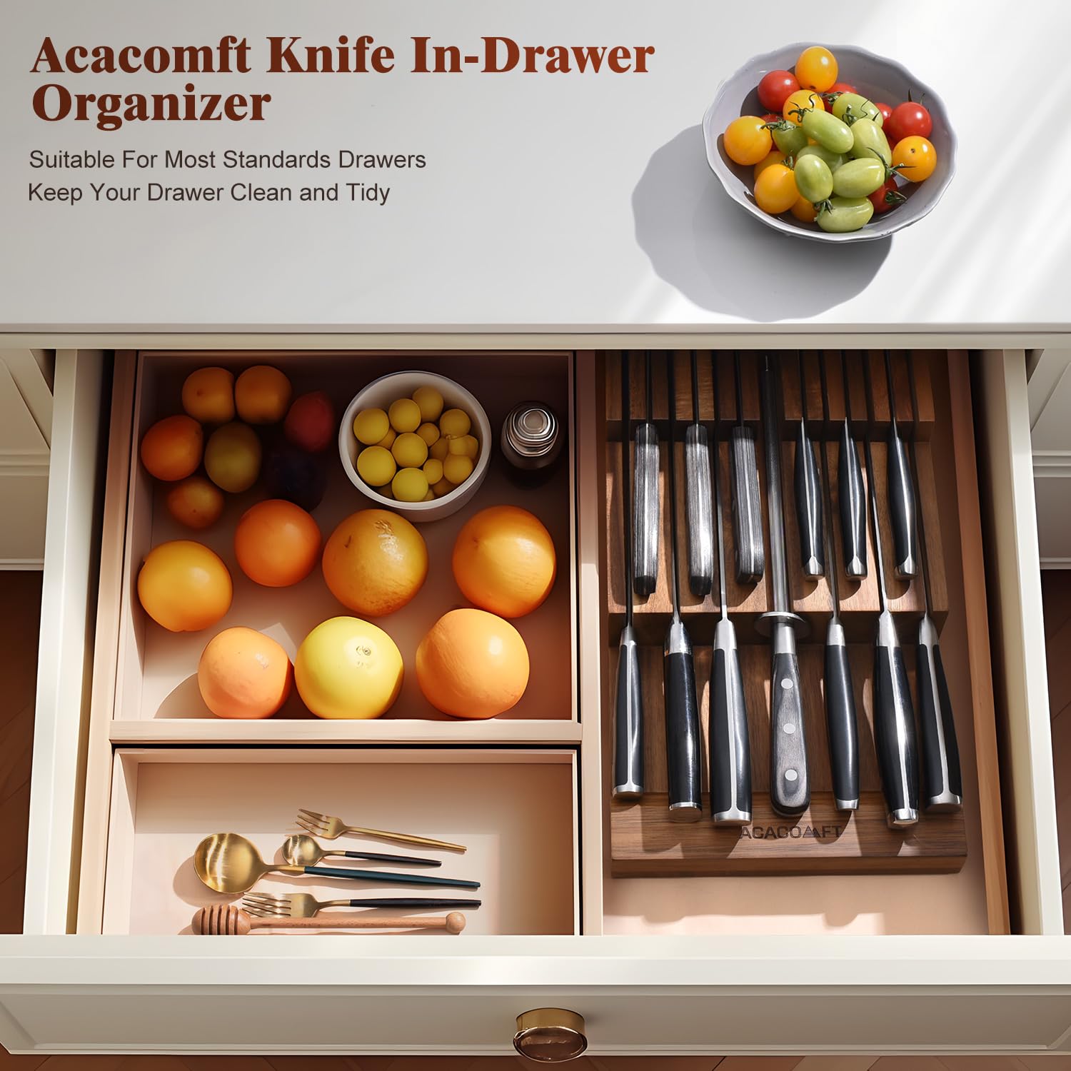 Acacomft In-Drawer Knife Block, Acacia Wood Kitchen Knife Drawer Organizer, Knife Holder without Knives For Up to 12 Knives Steak Knife Chef Knife