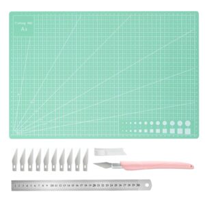 kalaien self healing cutting mat, 18"x12" cutting sewing mat for craft, 1 pcs pink craft knife,steel rule, 10 pcs stainless steel blade kit