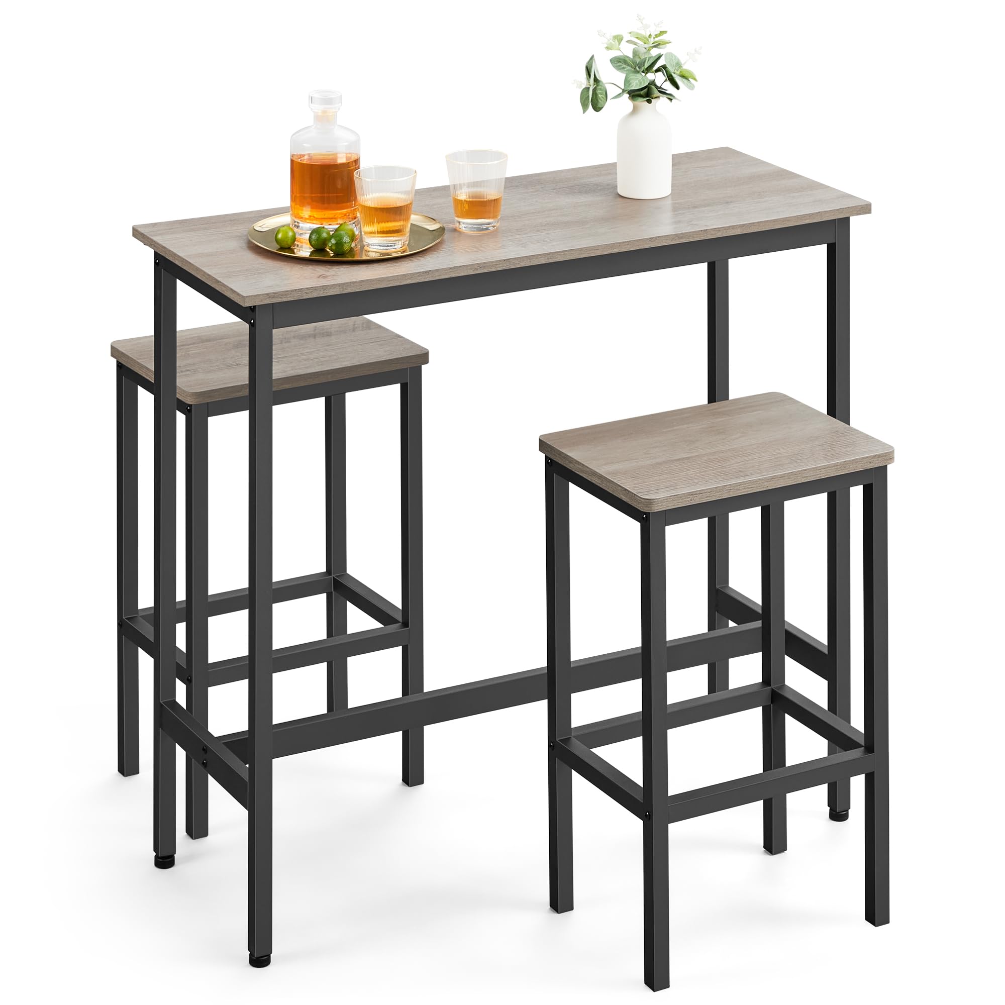 VASAGLE Dining Table Set, Bar Table and Chairs Set, Kitchen Bar Height Table with Stools Set of 2, Steel Frame, Industrial, 39.4 x 15.7 x 35.4 Inches, Heather Greige and Ink Black ULBT218B02