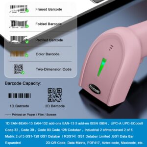 Symcode Handheld Barcode Scanner USB Wired 2D 1D QR Code for Computer POS Support Automatic Screen Scanning, for Mobile Payment, Store, Supermarket, Warehouse Pink