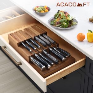 Acacomft In-Drawer Knife Block, Acacia Wood Kitchen Knife Drawer Organizer, Knife Holder without Knives For Up to 12 Knives Steak Knife Chef Knife