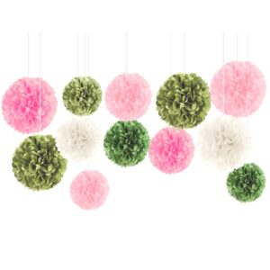 meiyko baby shower decorations, 12pcs sage green pink white tissue paper pom poms for boho bridal shower birthday wedding shower engagement party decorations