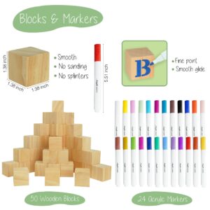 Geeday Baby Shower Blocks to Decorate 111 Pcs Includes 36 Stencils 50 Blank Baby Blocks 24 Acrylic Markers - Plain Wooden Blocks Great for Boho Baby Shower Decorations Gender Reveal Baby Shower Games