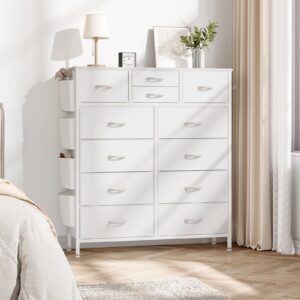 YaFiti 12 Drawer Dresser, Chest of Drawers for Bedroom, PU Dresser Drawers with Side Pockets, Hooks, Wooden Top and Sturdy Metal Frame for Living Room, Closet, Hallway (White)