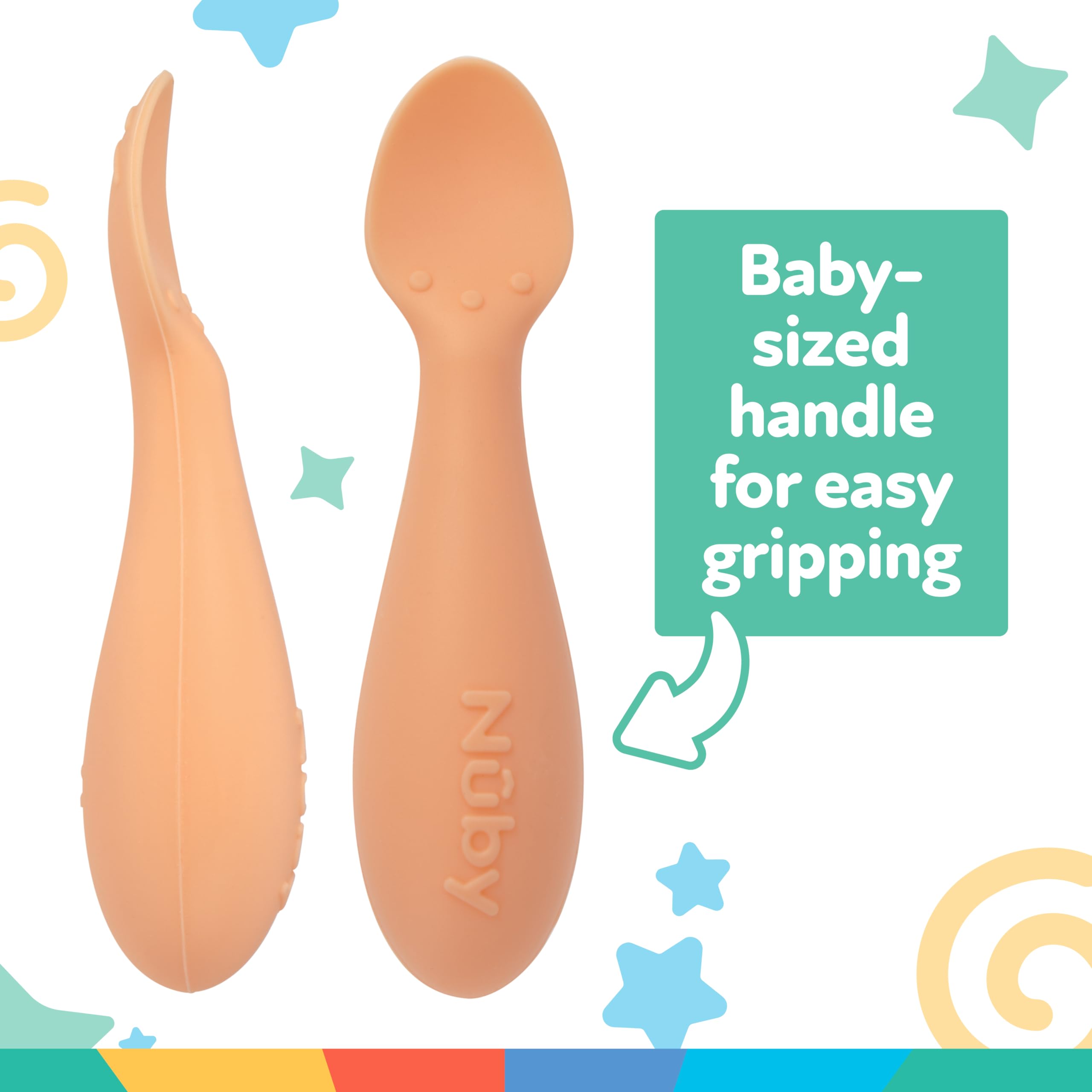 Nuby Silicone Mini Spoons - (2-Pack) Baby-Led Weaning Spoons for Babies - 4+ Months - Orange