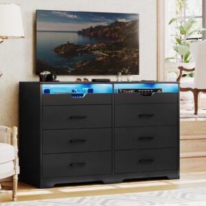 hasuit 6 drawers dresser with led lights for bedroom, modern double dresser with 2 pull-out trays, black chest of drawers bedroom storage organizer, dimensions 15.6" d x 42.6" w x 30.1" h