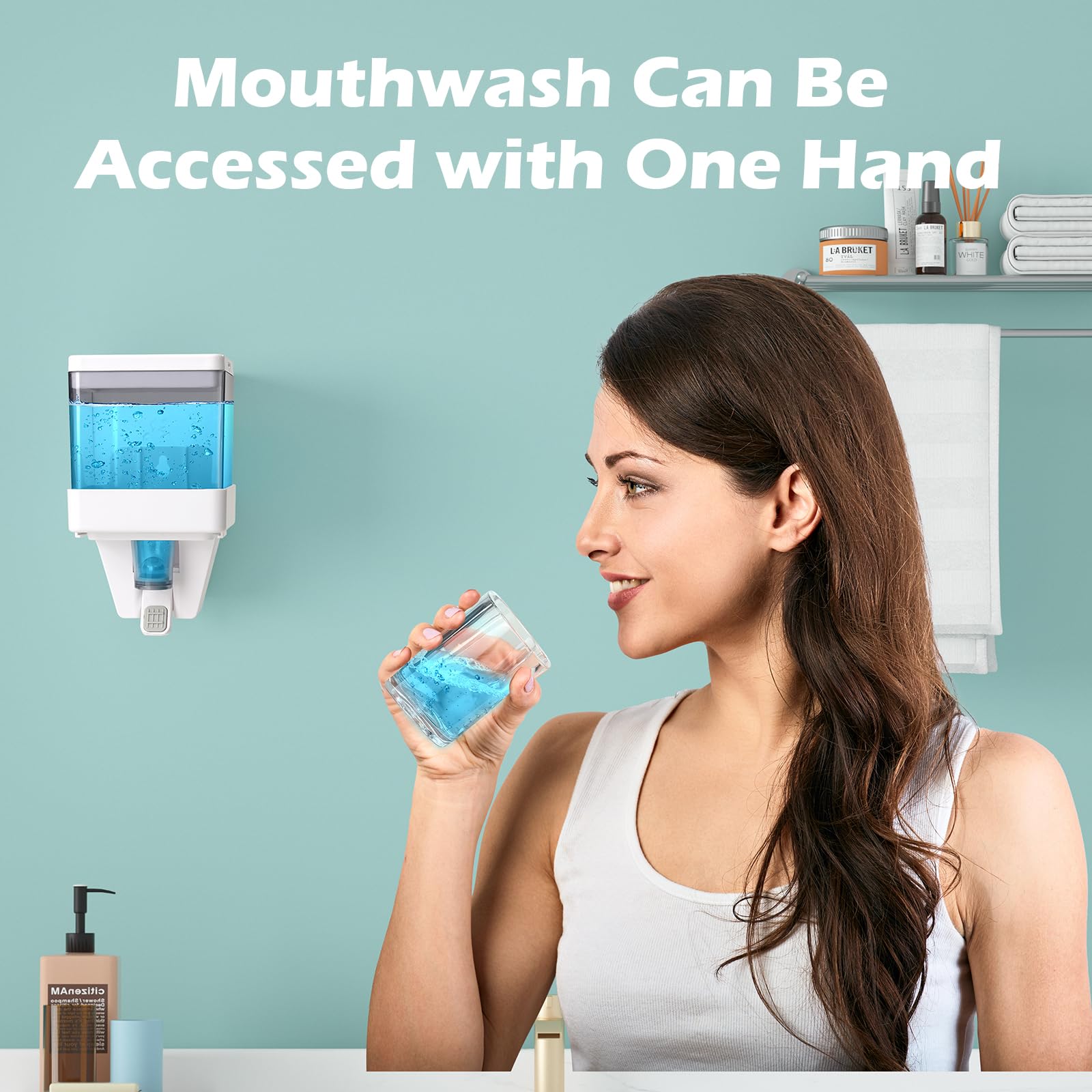 600ml/20oz Mouthwash Dispenser for Bathroom - RealPlus Wall-Mounted Mouthwash Container with 2 Reusable Acrylic Cups - Easy to Install, Adhesive or Screw Option