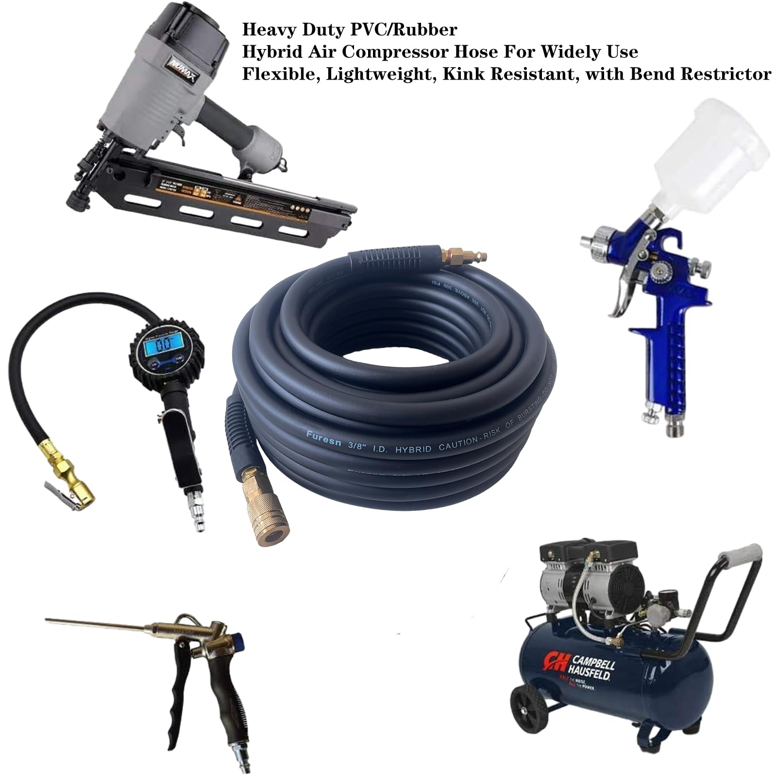 Air Hose 3/8 in x 10 ft, Heavy Duty, Lightweight, Kink Resistant, Hybrid Air Compressor Hose with 1/4 in Solid Brass Male Fittings, Bend Restrictors, 300 PSI (10FT, Black)