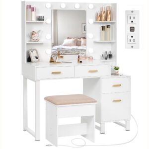 anwbroad makeup vanity desk vanity set with 10 led bulbs lighted mirror makeup vanity table set with charging station nightstand 3 colors modes dimming cushioned stool large mirror white ubdt53w