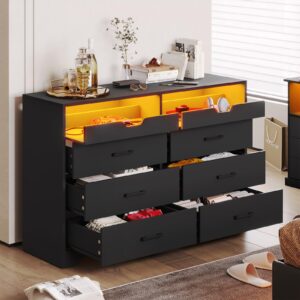 Hasuit 6 Drawers Dresser with LED Lights for Bedroom, Modern Double Dresser with 2 Pull-Out Trays, Black Chest of Drawers Bedroom Storage Organizer, Dimensions 15.6" D x 42.6" W x 30.1" H